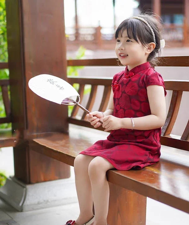 Girls' Red Short Sleeves Qipao | Lotus Leaf