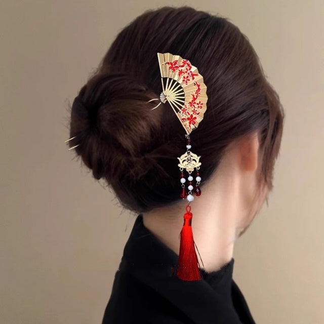 Gold & Red Oriental Fan Hairpin With Tassel