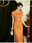Orange Floral Jacquard Chinese Qipao Dress