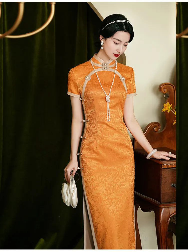 Orange Floral Jacquard Chinese Qipao Dress