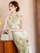 Modern Halter Neck Floral Jacquard Qipao Dress