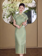 Green/Peach Song Brocade Full-Opening  Qipao Dress