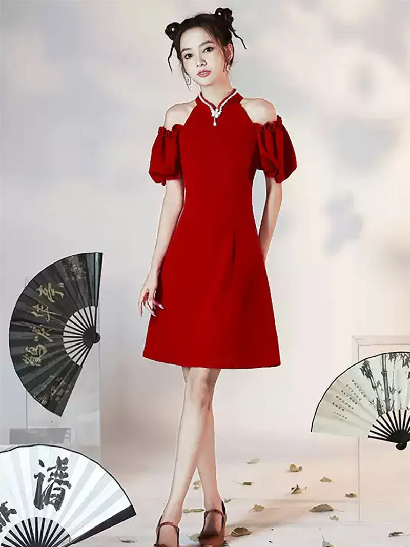 Halter Qipao red Chinese cheongsam for brides and festive occasions