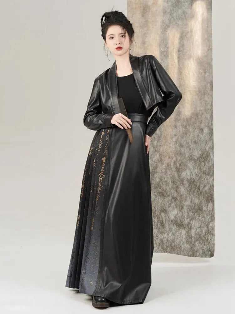 3 Piece Mamian Skirt Set for Women – Faux Leather Jacket Outfit