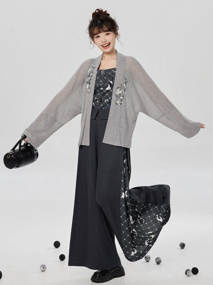 Cat Print Wide Leg Pants Set for Women – 3 Piece Outfit