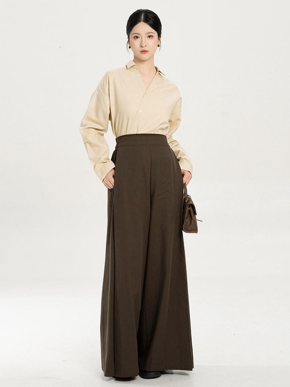 Chinese Style Wide Leg Pants Set for Women – V-Neck Shirt Outfit