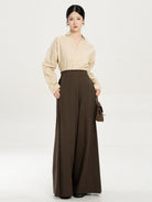 Chinese Style Wide Leg Pants Set for Women – V-Neck Shirt Outfit