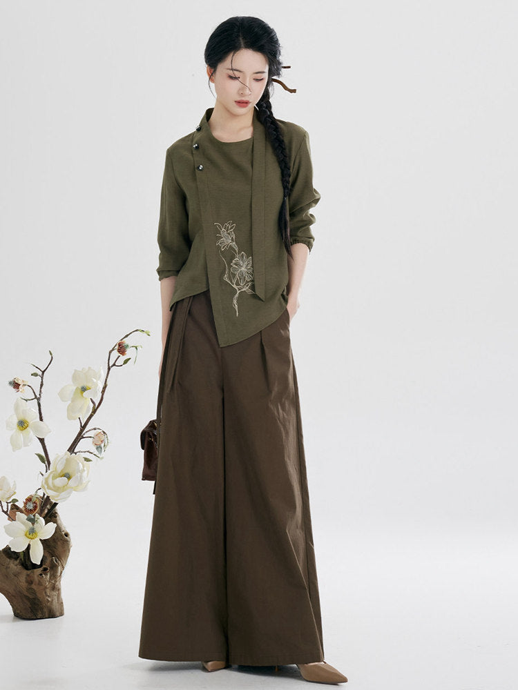 Chinese Style Summer Pants Set for Women – Draped Neck Top & Wide Leg Trousers