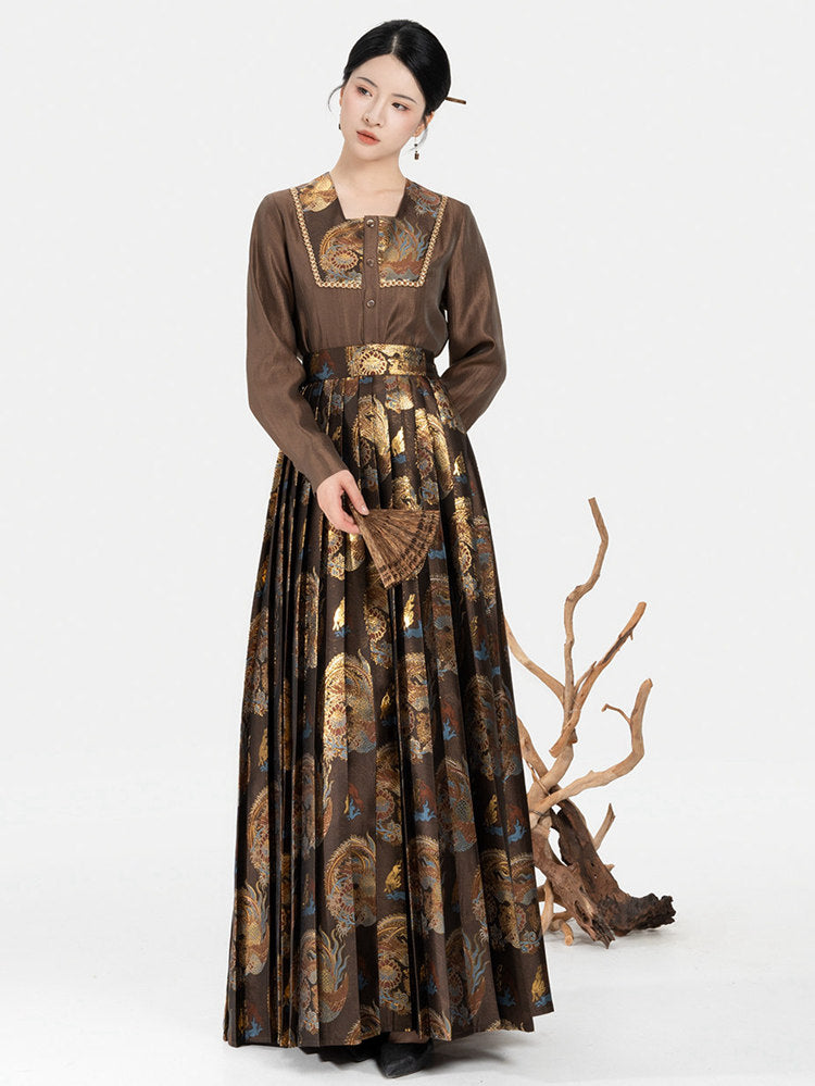 Chinese Style Pleated Skirt Set for Women – Bronze Two Piece Outfit
