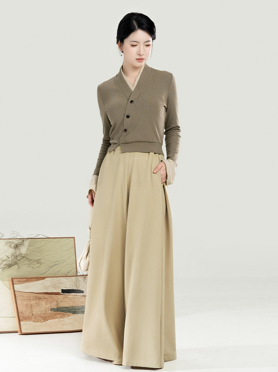Hanfu Pants Set for Women – Cross-Collar Knit Top & Wide Leg Trousers