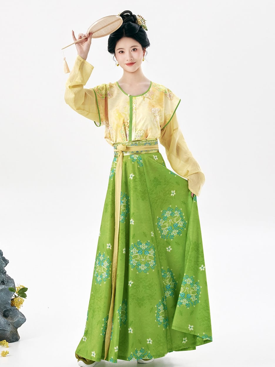 Tang Beizi Hanfu 3-Piece Set with Green Floral Skirt