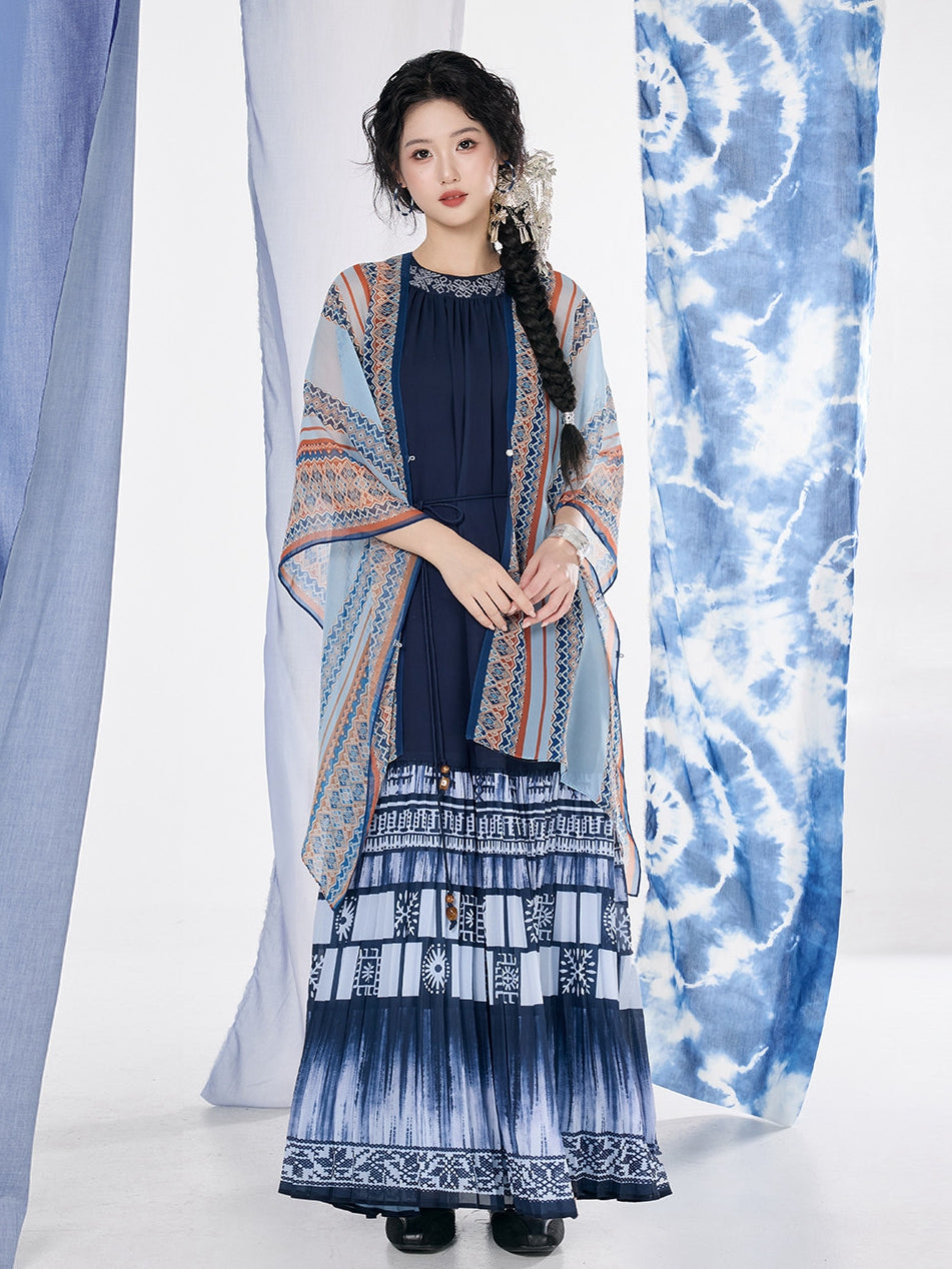 Printed Halter Maxi Dress with Blue White Motifs