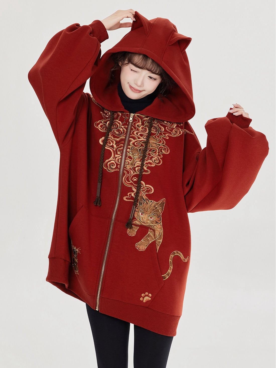 Red Embroidered Cat Ear Zip Up Hoodie with Turtleneck