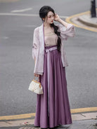 Original hanfu modern outfit with elastic waist split skirt. Designed for daily wear and commuting, combining comfort, style, and Chinese tradition.