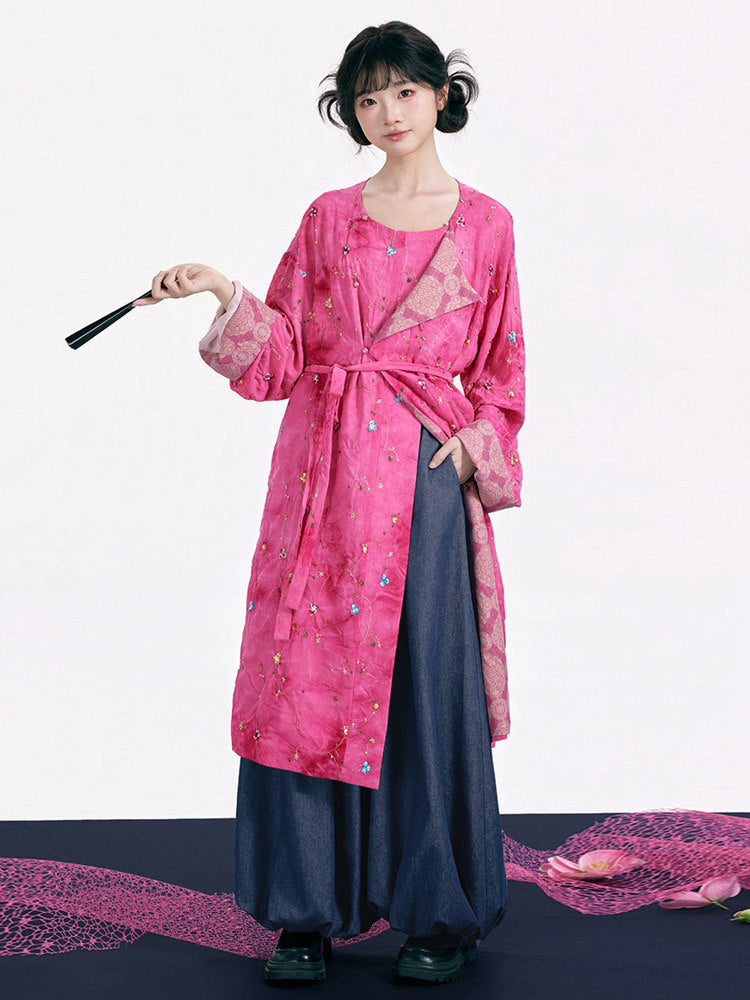 Pink Tang Style Robe and Pants Set for Women
