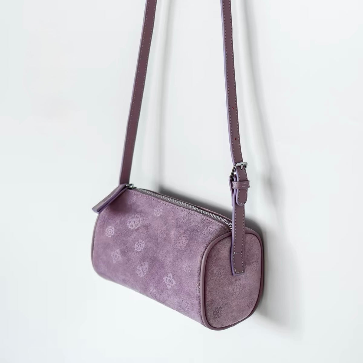 Lavender Suede Barrel Crossbody Bag
