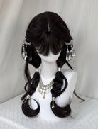 Moonlit Warrior Twin Braid Wig | Chinese Xianxia Style with Silver Tassel & Bell Hair Accessories