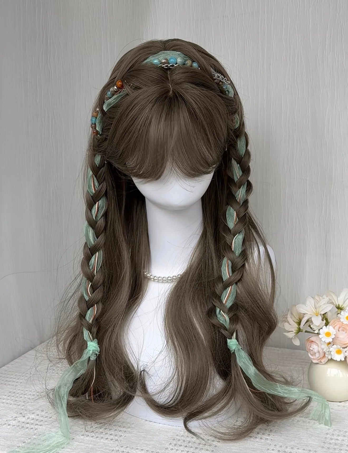 Jade Forest Twin Braid Wig | Hanfu Style with Green Ribbon