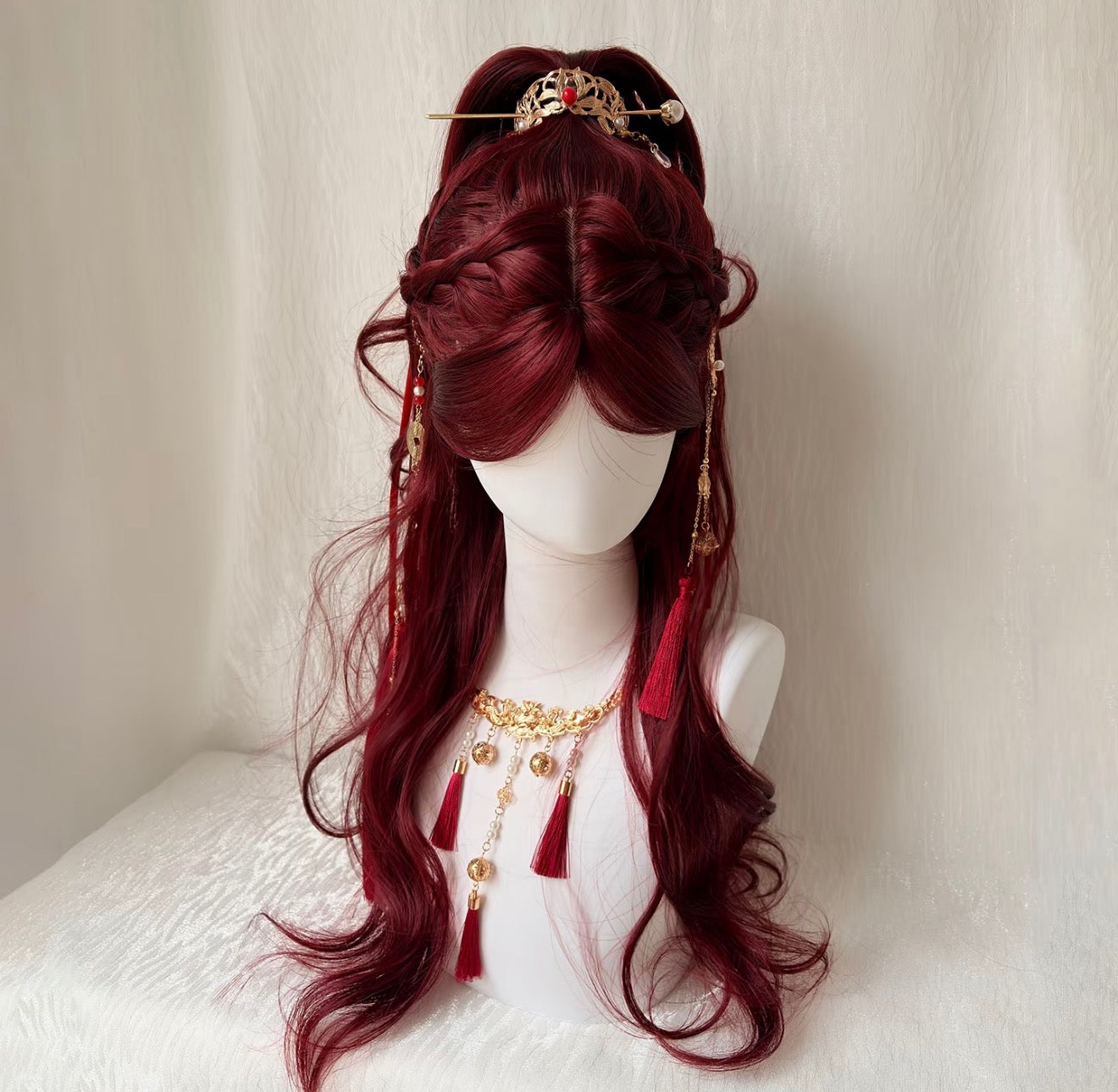Crimson Immortal Hair Wig Set | Xianxia Half-Updo with Gold Crown & Tassel Accessories