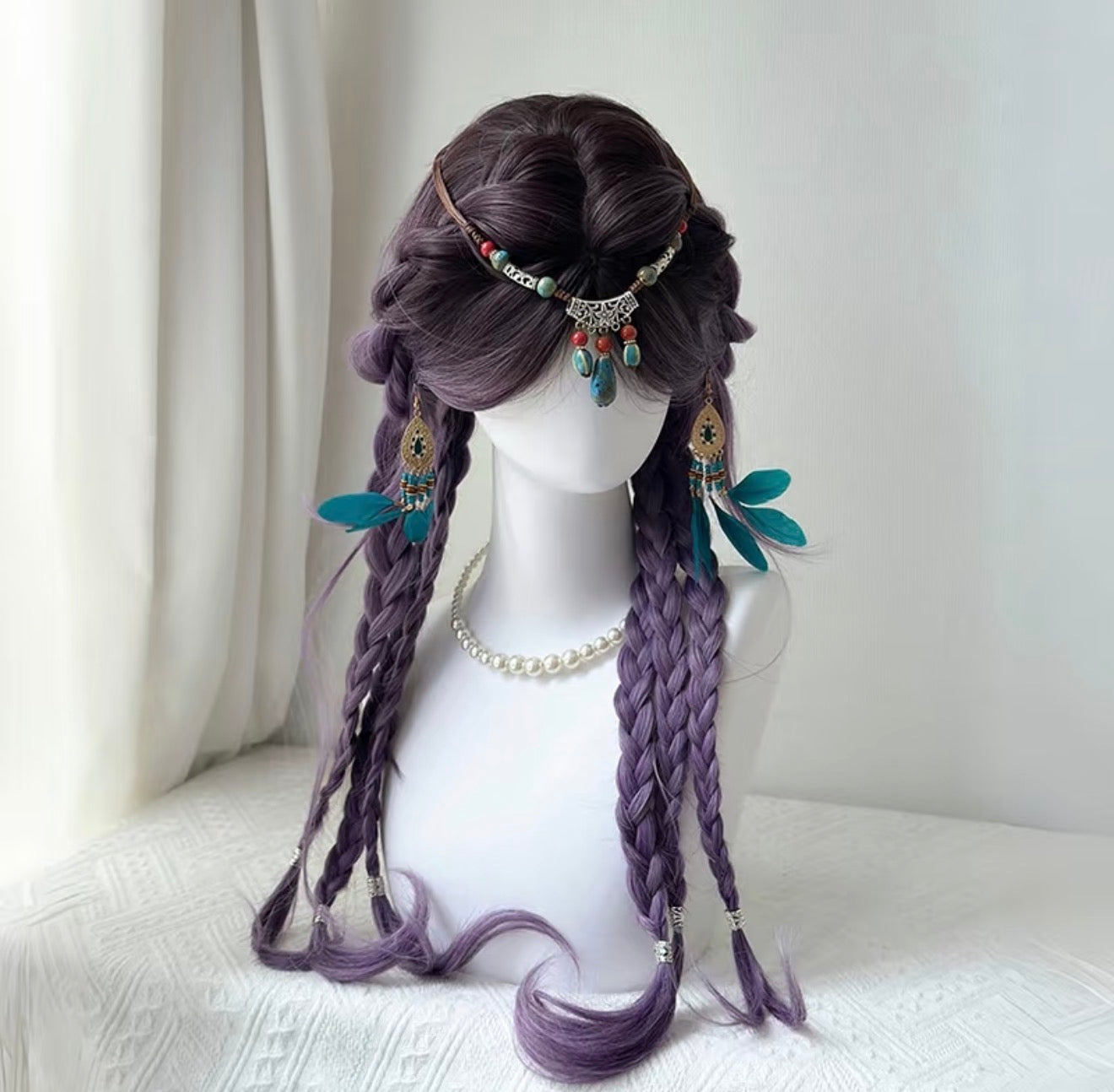 Desert Sorceress Twin Braid Wig with Turquoise Bead Crown and Feather Accessories