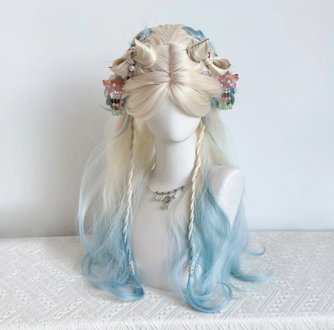 Celestial Snow Maiden Wig Set Xianxia Double Bun Style with Floral Accessories