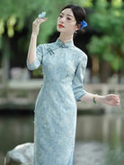 Ice Blue/Lilac Purple Floral Three-Quarter Sleeve Qipao