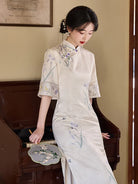 Ivory Floral Jacquard Qipao Dress with Embroidery