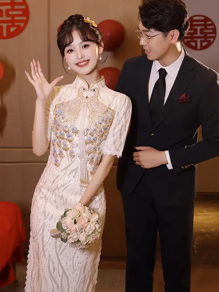 Ivory Sequin Cheongsam/Qipao Dress |  Phoenix