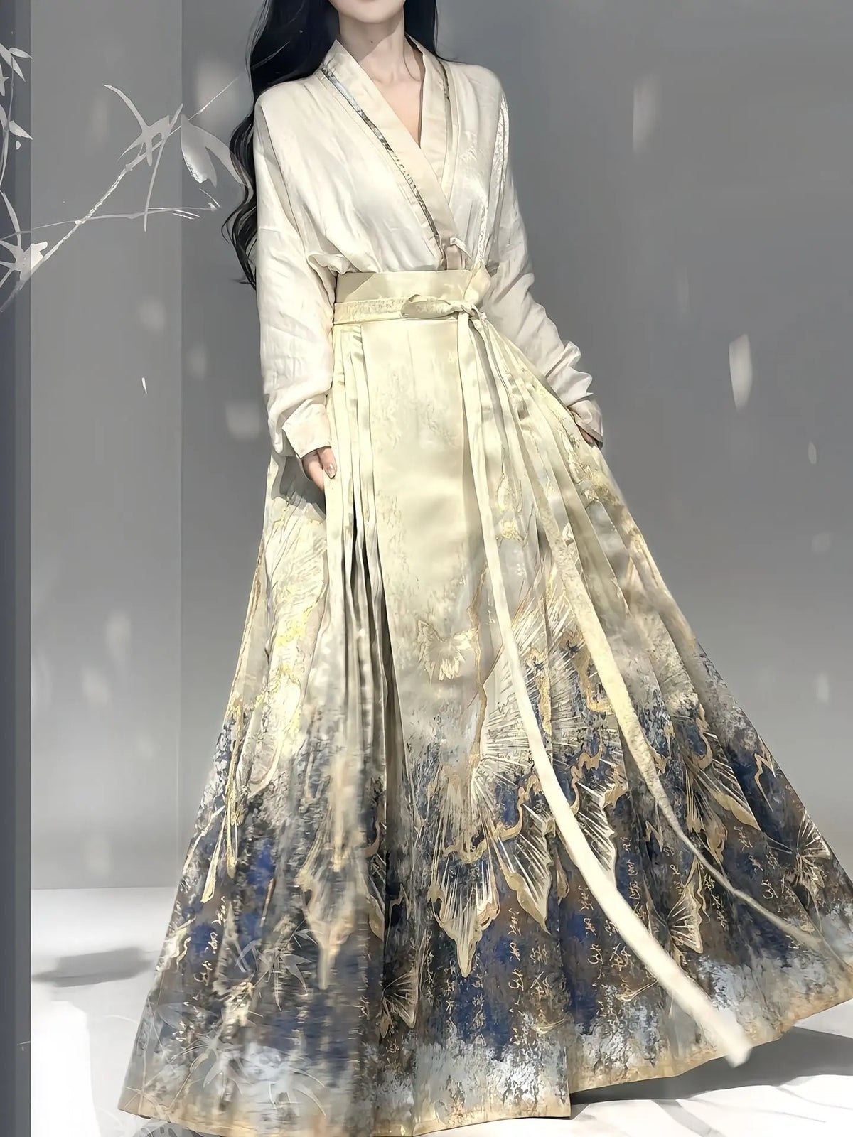 Jacquard Brocade Gold Woven Floral Hanfu Mamian Pleated Wrap Skirt