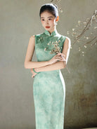 Jade Green Floral Sleeveless Modern Qipao Cheongsam Dress