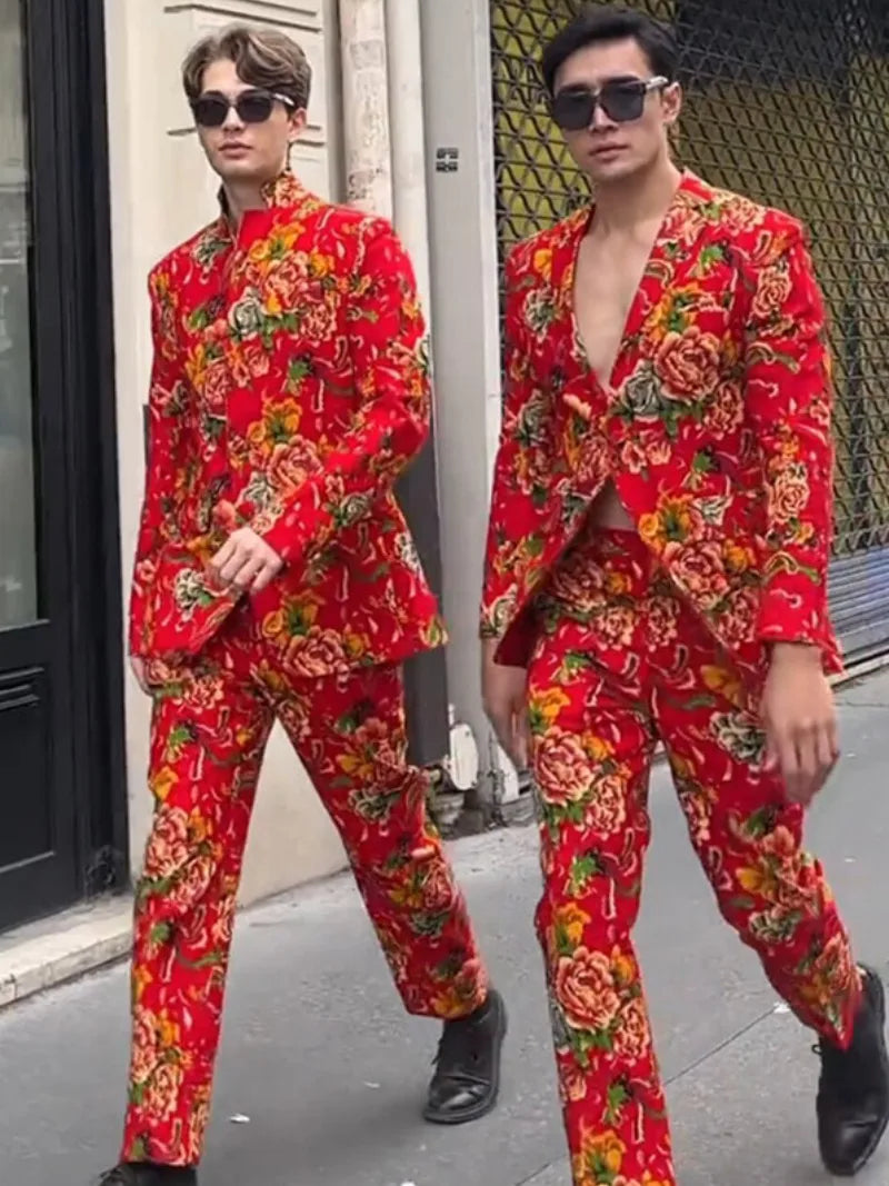 Large Floral Red Suit Set for Men – Slim Fit Two-Piece