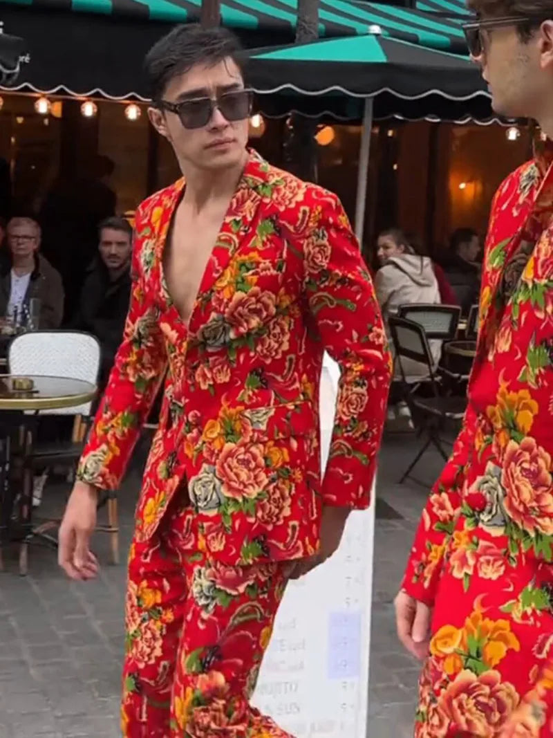 Large Floral Red Suit Set for men with bold floral pattern and slim fit design