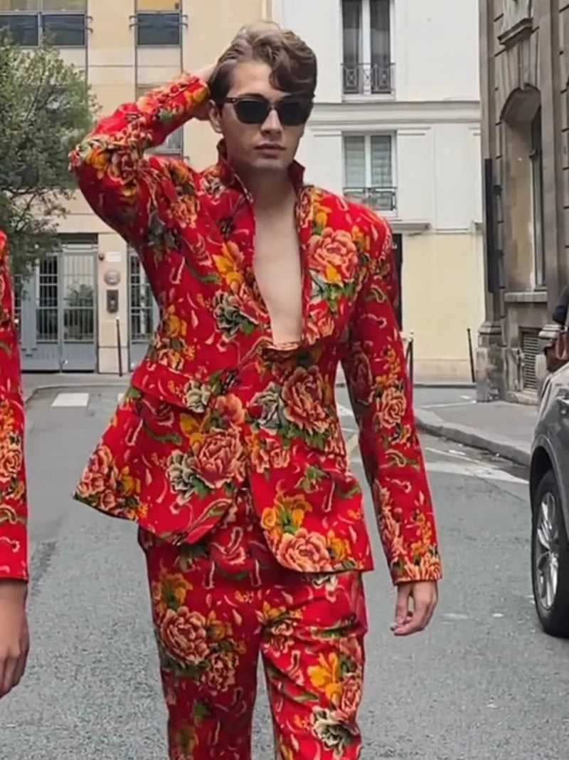 Large Floral Red Suit Set for men with bold floral pattern and slim fit design