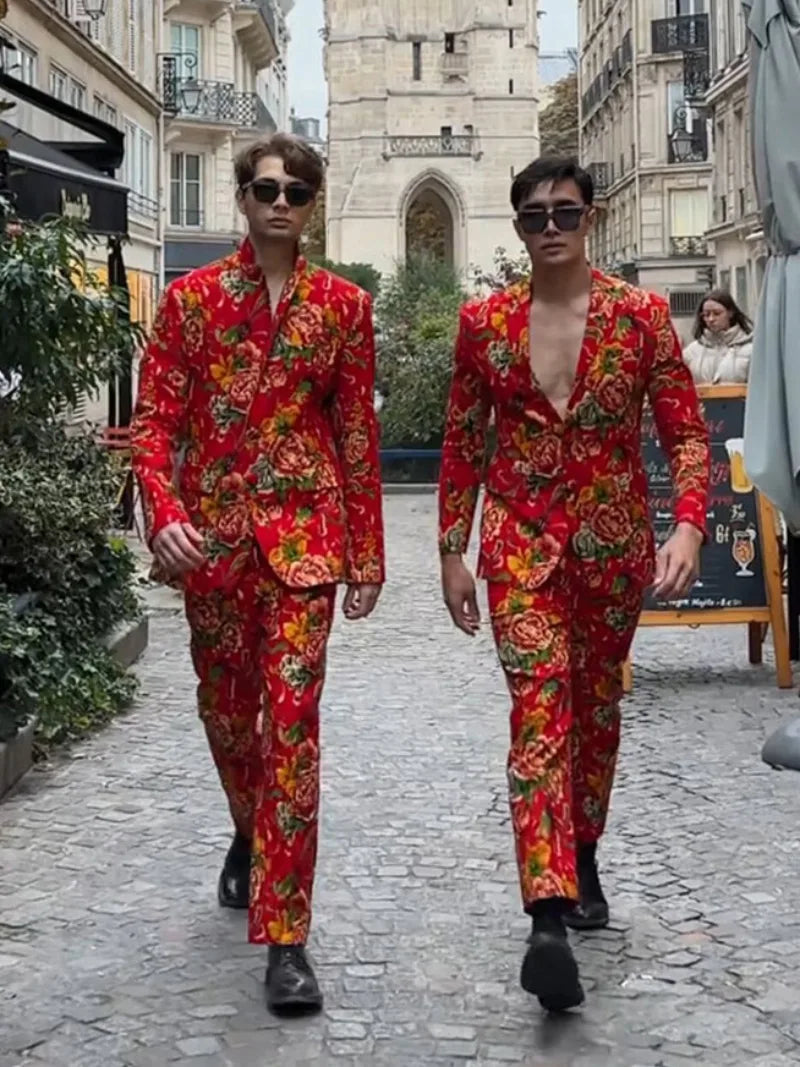 Large Floral Red Suit Set for men with bold floral pattern and slim fit design