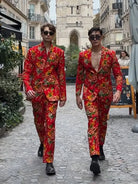 Large Floral Red Suit Set for men with bold floral pattern and slim fit design