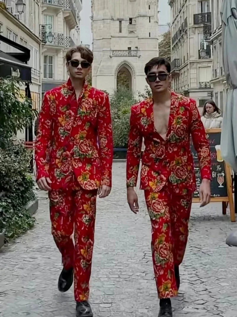Large Floral Red Suit Set for men with bold floral pattern and slim fit design