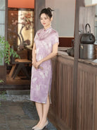 Lavender Butterfly Print Midi Qipao Dress