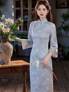 Light Blue Jacquard Long Sleeve Qipao With Embroidered Cuff