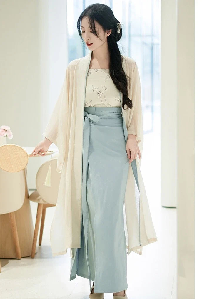 Light Cream & Misty Blue Three-Piece Song Dynasty Hanfu Dress