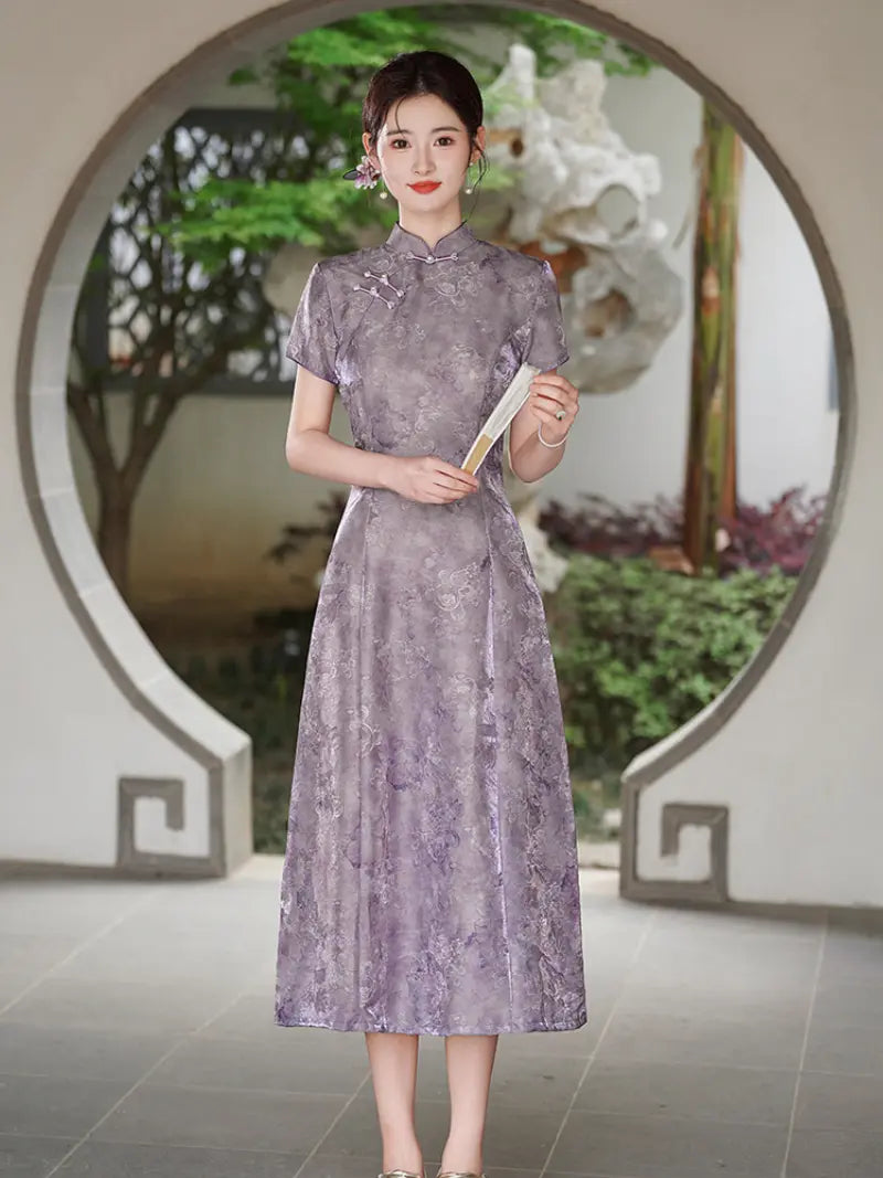 Lilac Purple Floral Jacquard Modern A Line Qipao