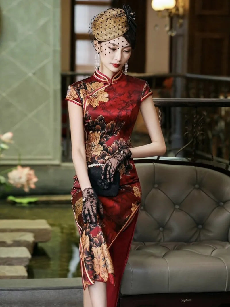 19 mome natural silk, High-end long Qipao for Tea Ceremonies