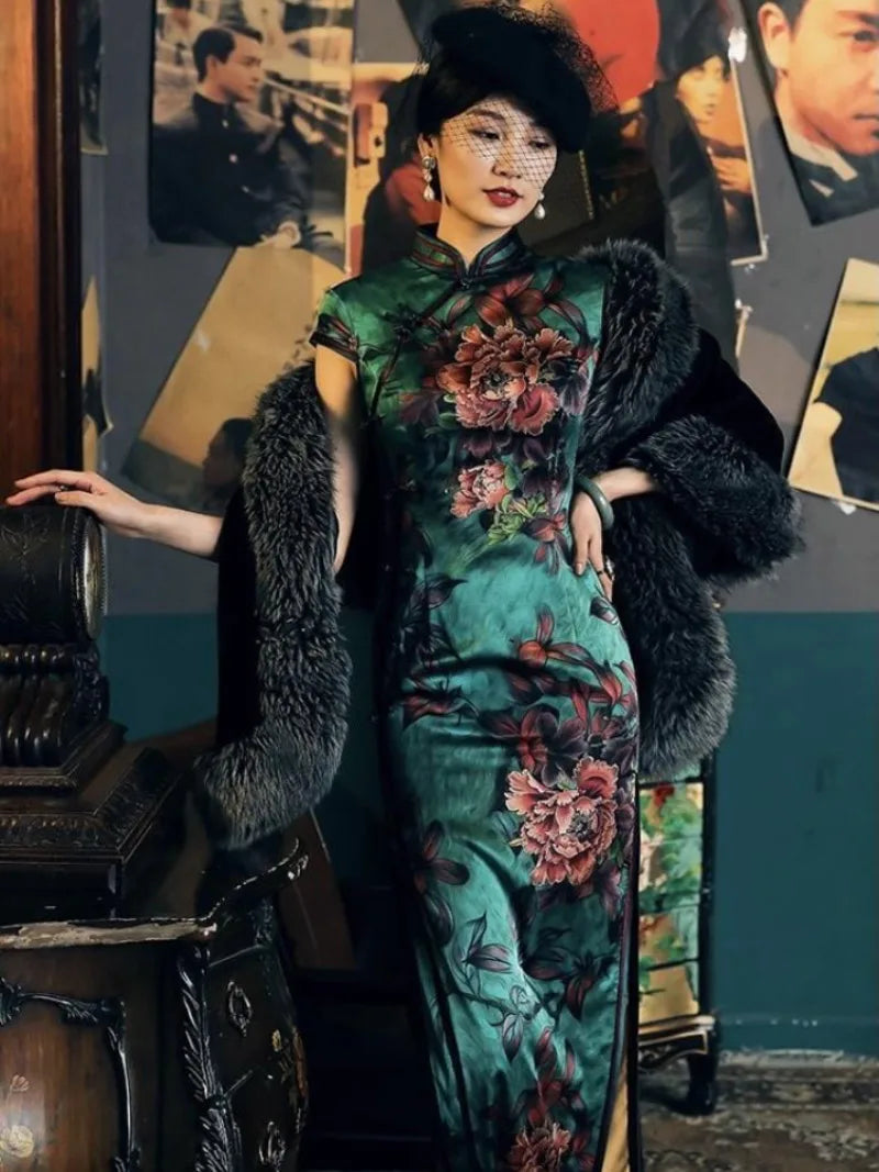 Mulberry silk, floral pattern, High-end, Green Qipao dress