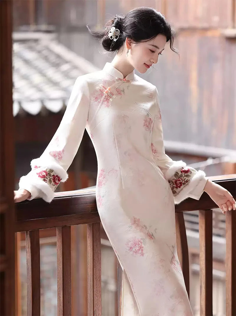 Long qipao dress with soft mist texture, blue pink floral print, and handcrafted frog buttons