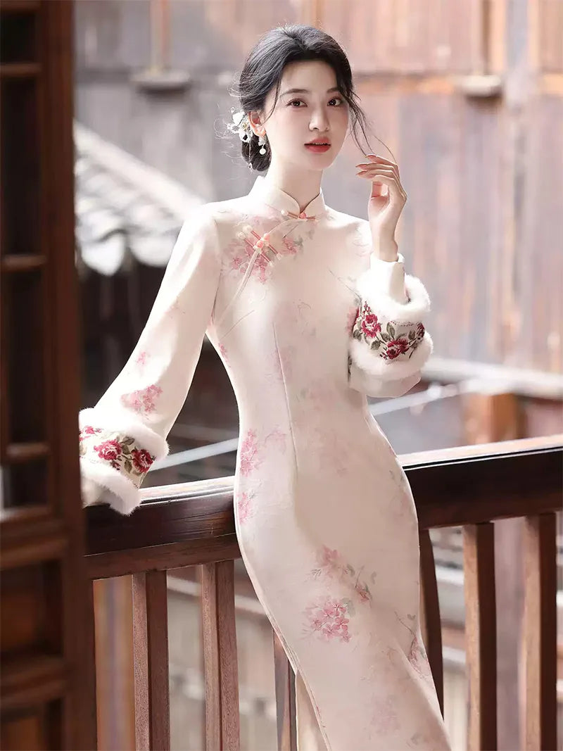 Long qipao dress with soft mist texture, blue pink floral print, and handcrafted frog buttons