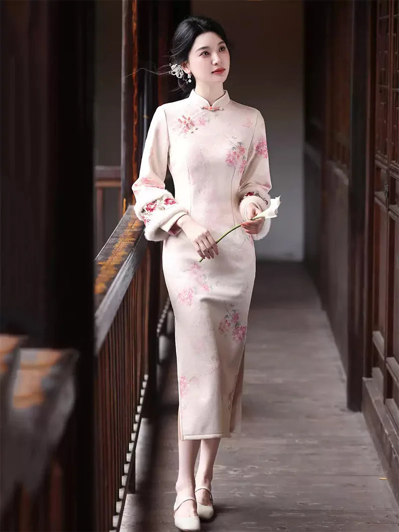 Long qipao dress with soft mist texture, blue pink floral print, and handcrafted frog buttons