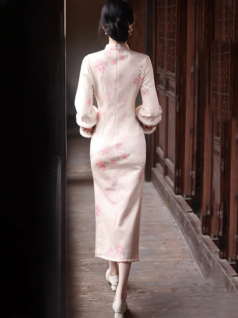 Long qipao dress with soft mist texture, blue pink floral print, and handcrafted frog buttons