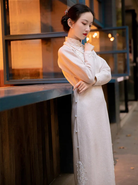 Elegant Long Sleeve Qipao with Lace Trim for Autumn Winter