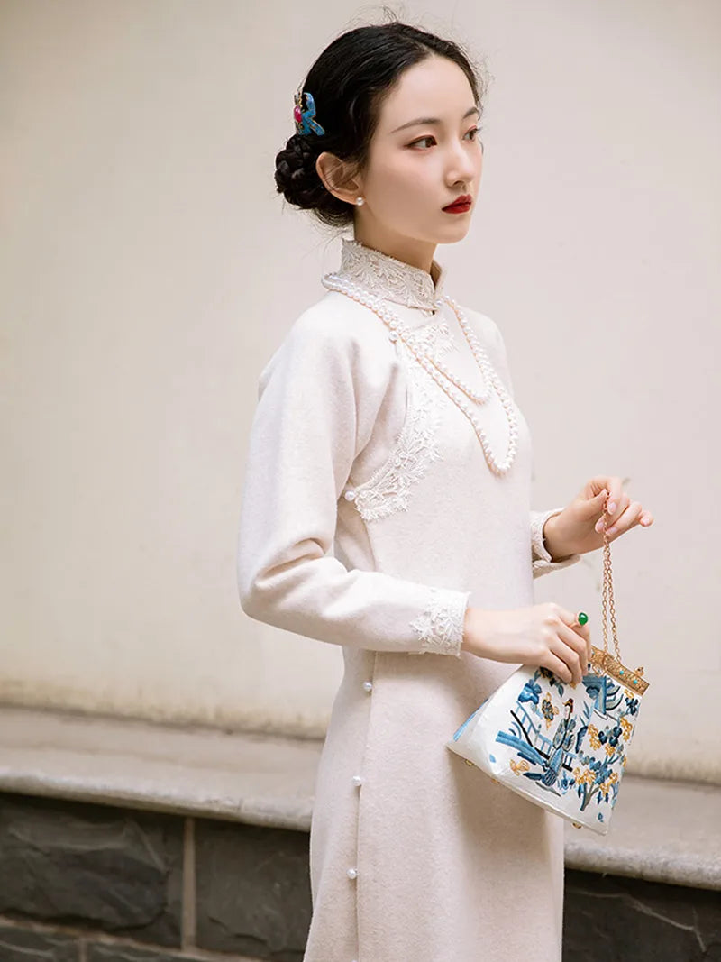Warm beige long sleeve qipao with lace trim and vintage faux-cashmere fabric