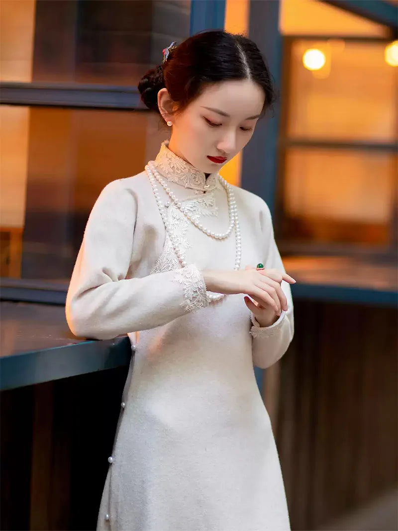 Warm beige long sleeve qipao with lace trim and vintage faux-cashmere fabric