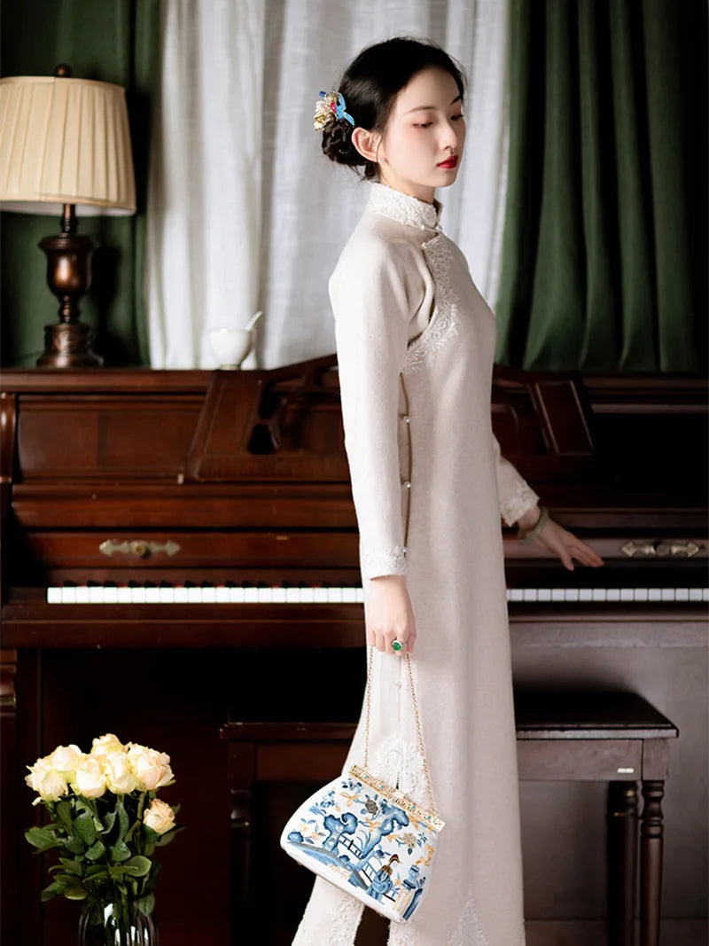 Warm beige long sleeve qipao with lace trim and vintage faux-cashmere fabric